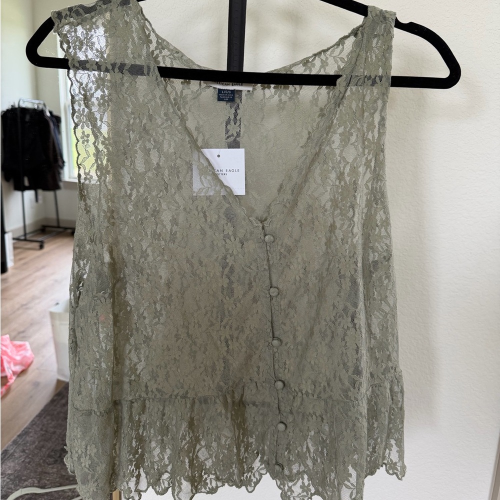 American Eagle Outfitters Olive Lace Button-Front Camisole